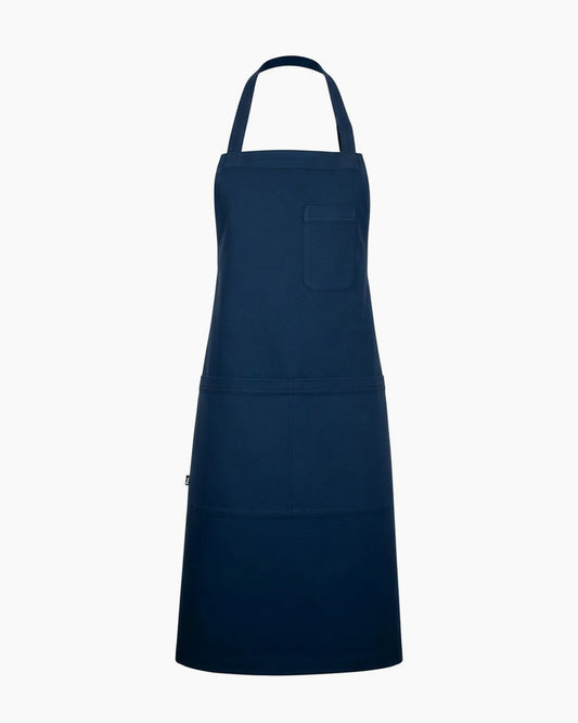 Lacivert renkli göğüs ve bel cepli klasik askılı şef ve servis önlüğü, kurumsal logolu toptan üniforma üretimi - MUBU Staff Wear