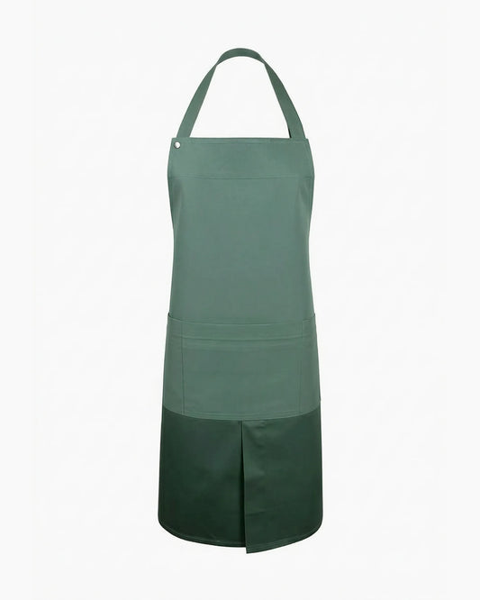 Çağla yeşili önden yırtmaçlı çıtçıt askılı ergonomik şef önlüğü, kurumsal logolu toptan üretim - MUBU Staff Wear