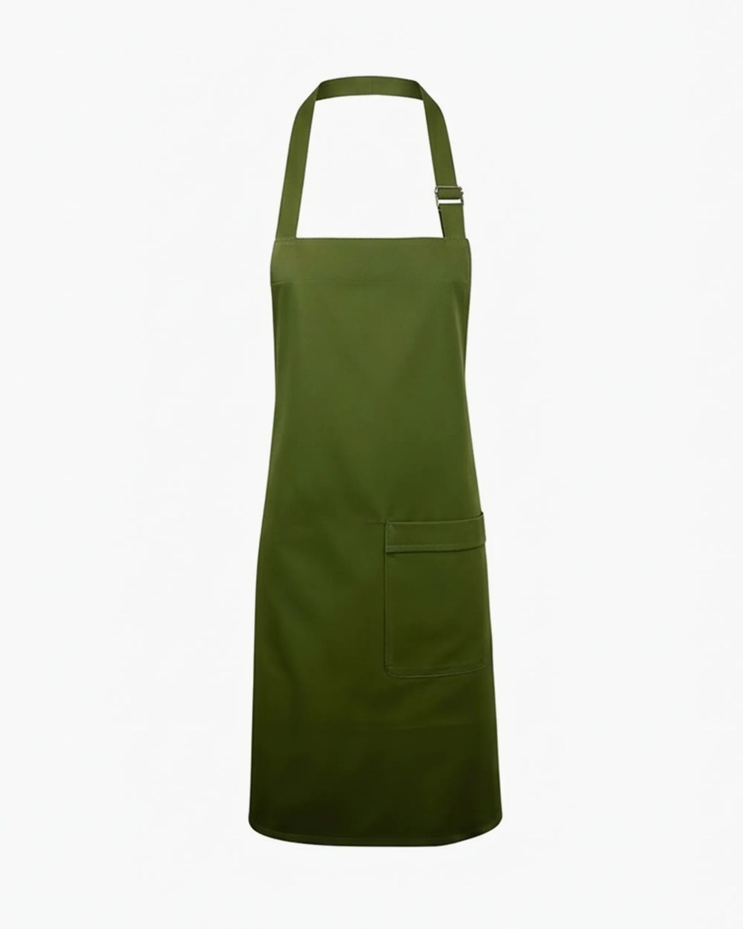 Haki yeşil metal tokalı askılı asimetrik tek yan cepli barista önlüğü, kurumsal logolu toptan üniforma üretimi - MUBU Staff Wear