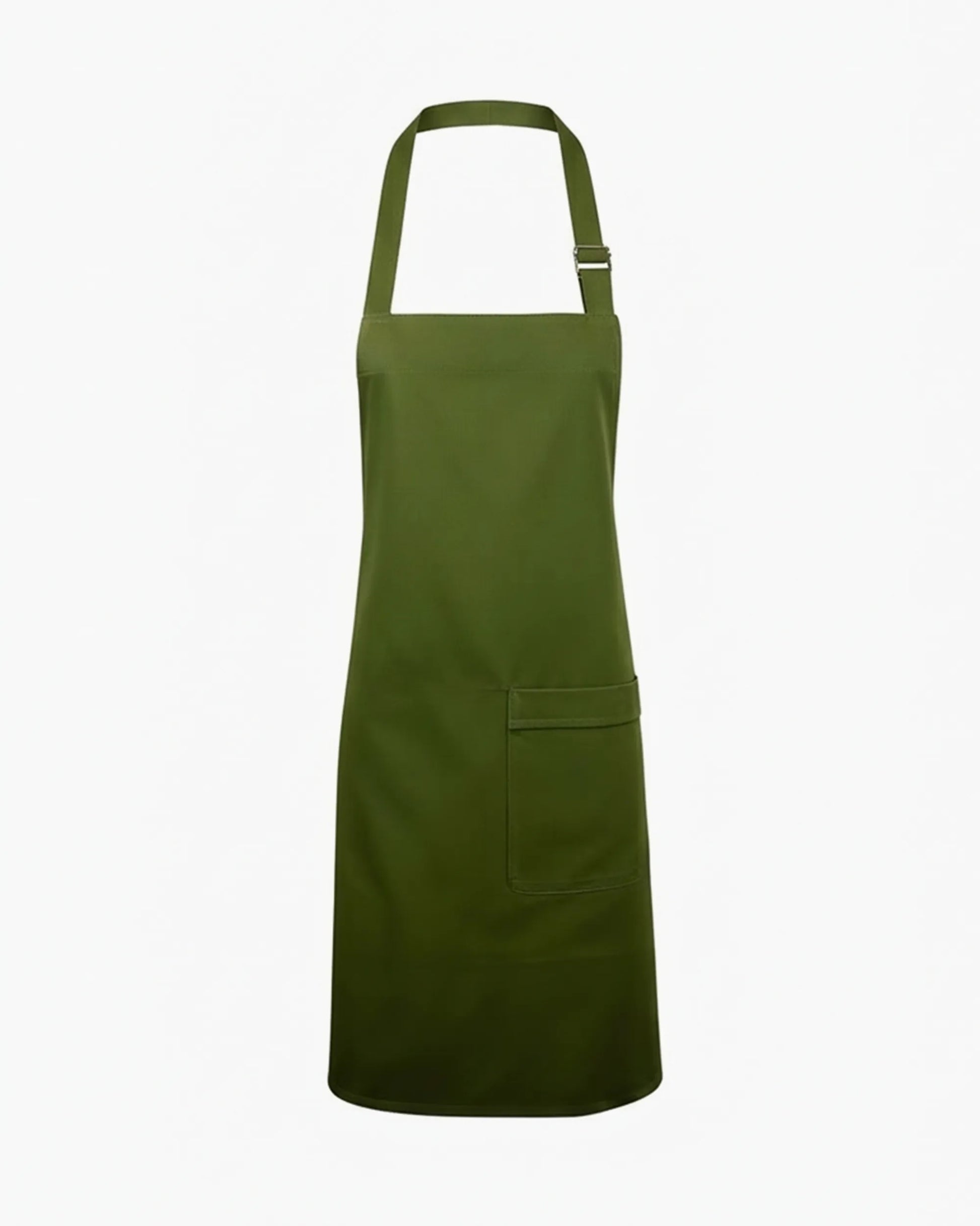 Haki yeşil metal tokalı askılı asimetrik tek yan cepli barista önlüğü, kurumsal logolu toptan üniforma üretimi - MUBU Staff Wear